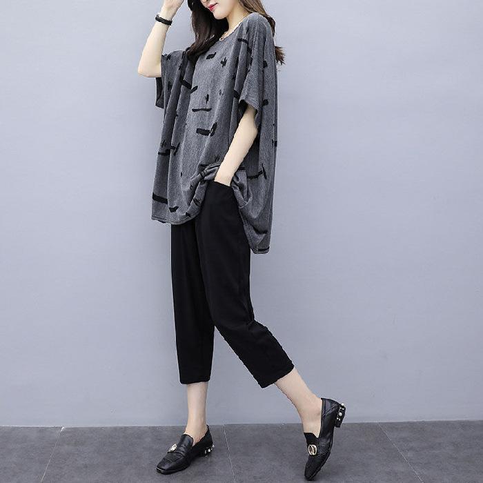 Zomerpak voor Dames, Westers Stijl Korte Mouwen Cropped Broek, Los, Modieus en Verjongend Tweedelig Pak
