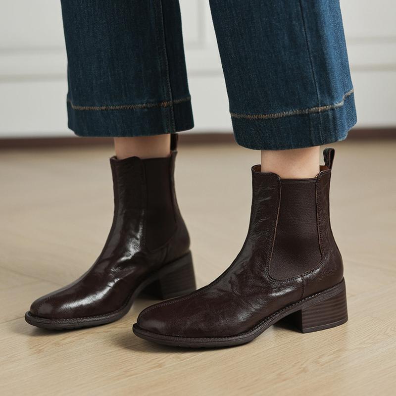 Fashion NEW Autumn Women Boots Genuine Leather Shoes for Women Round Toe Chunky Heel Shoes Slip-on Chelsea Boots Handmade Daily Shoes