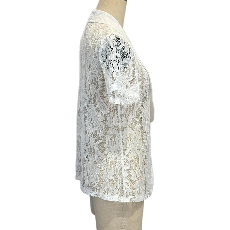 Ladies Short Sleeve Tailored Collar Lace Hollow Out Solid Color Cardigan Jacket Suit Coat
