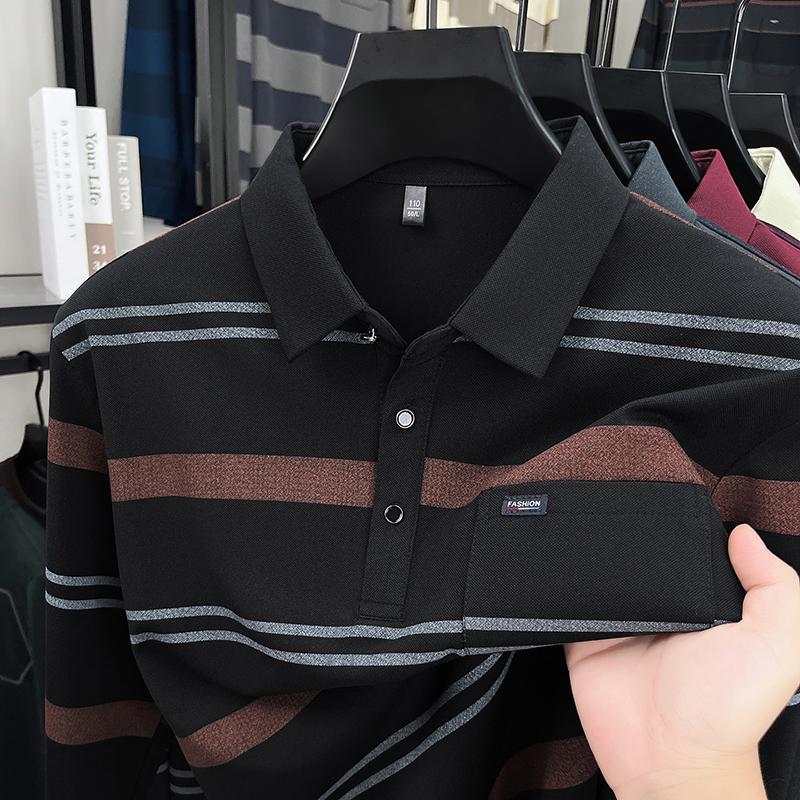 

Men s Polo Shirt Lapel Long Sleeve T-Shirt Autumn Contrast Color Striped Pocket Versatile Business Men swear XXL