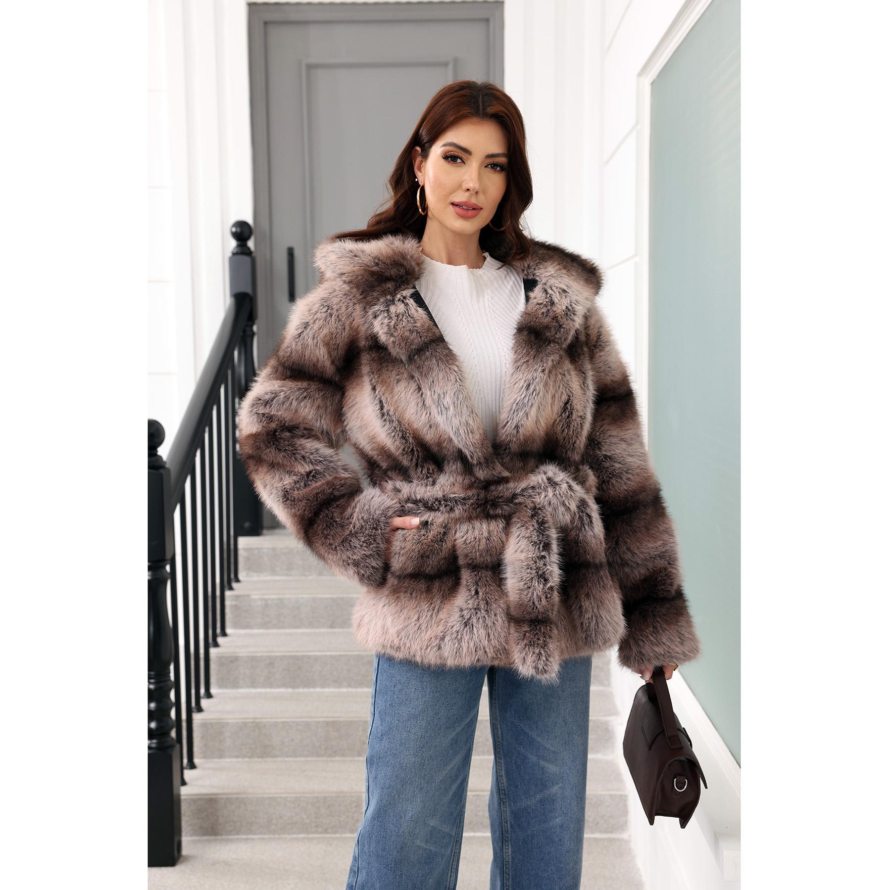 

Зимняя шуба из искусственного кролика, шуба из искусственной норки для женщин XL коричневый