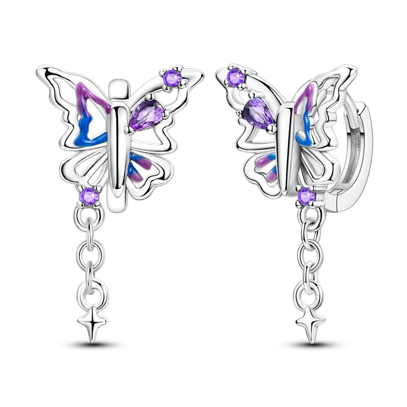 Genuine 925 Silver Love Feather Earrings Fit Original Charms Hoop For Women Girls Stud Earring Fine Jewelry Gifts
