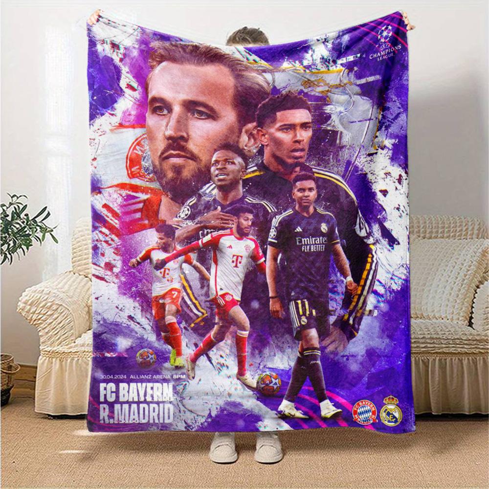 Purple Tone Football Club Match Players Collage Flannel Throw Blanket, Soft Warm Cozy Bed Sofa Cover for Sports Fan