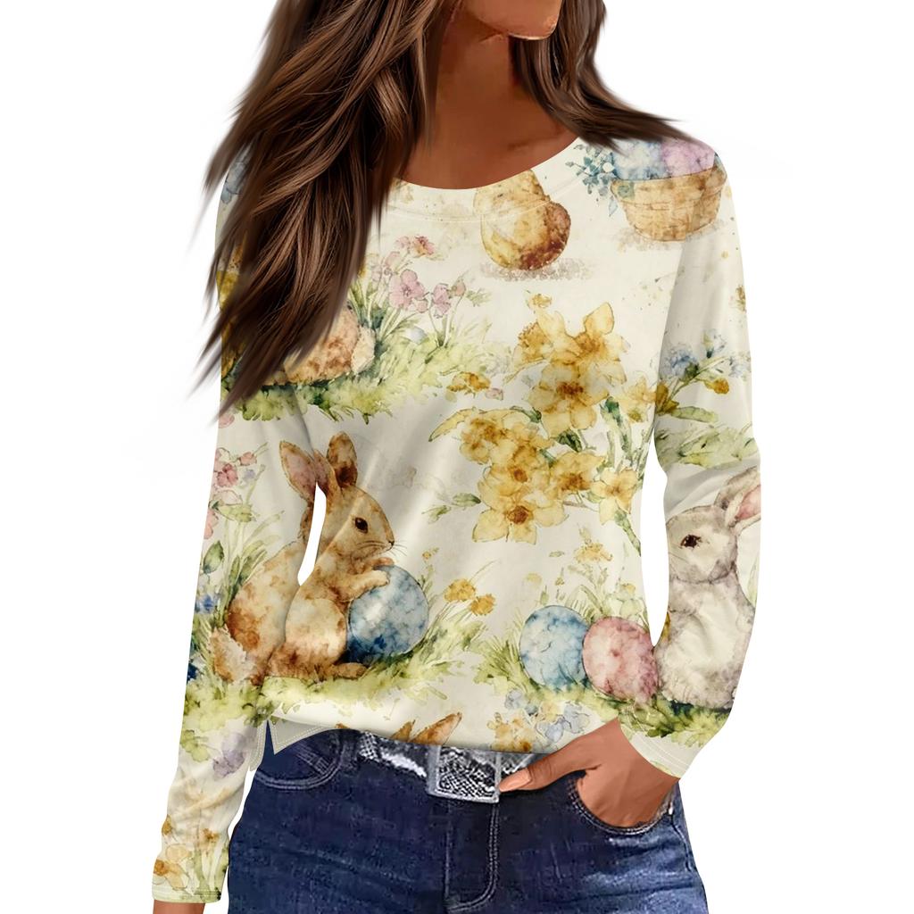 Women's Fashion Casual Slit Hem Round Neck Long Sleeve Loose Printed T-Shirt Ladies Top