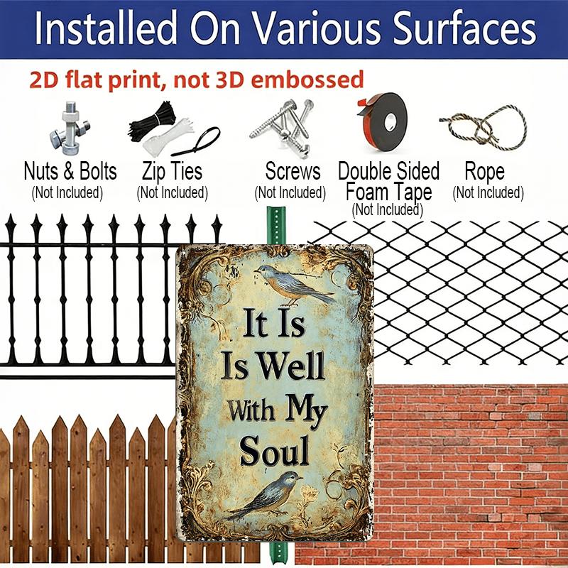 2D Flat, 1pc Vintage Rustic Metal Wall Decor Sign - Aluminum Sign "It Is Well with My Soul" - Farmhouse Decor with Blue Birds & Floral