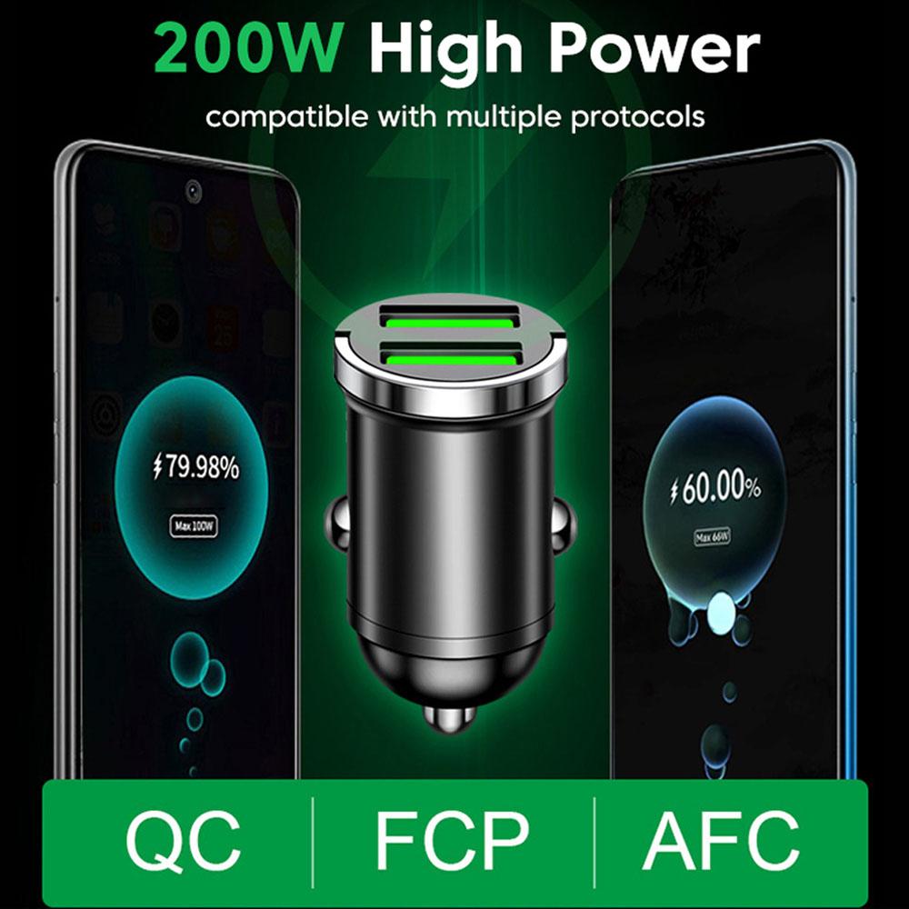 200W Dual Ports Mini USB Car Charger Super Fast Charging Cigarette Socket Lighter 12-24V Aluminum Alloy Phone Charge Adapter