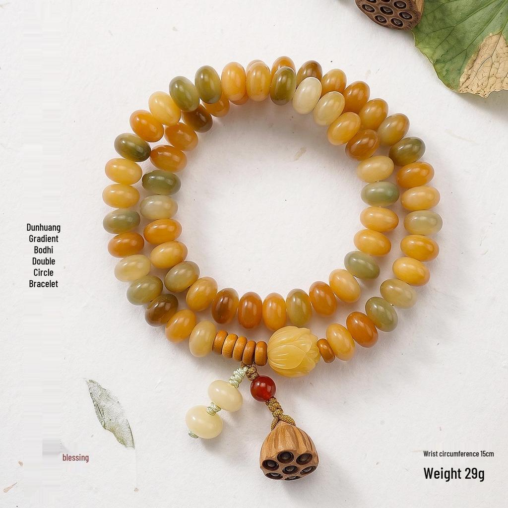 Pulsera de Topacio Crema Raíz Bodhi: Cuentas budistas unisex de doble círculo con motivos de ábaco y loto