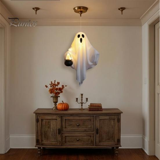 Halloween Tree Hanging Accessories Ghost with LED Lights, Spooky White Gauze Glowing Ornament, Unique Gift Ideas Flexible Figures for Outdoor