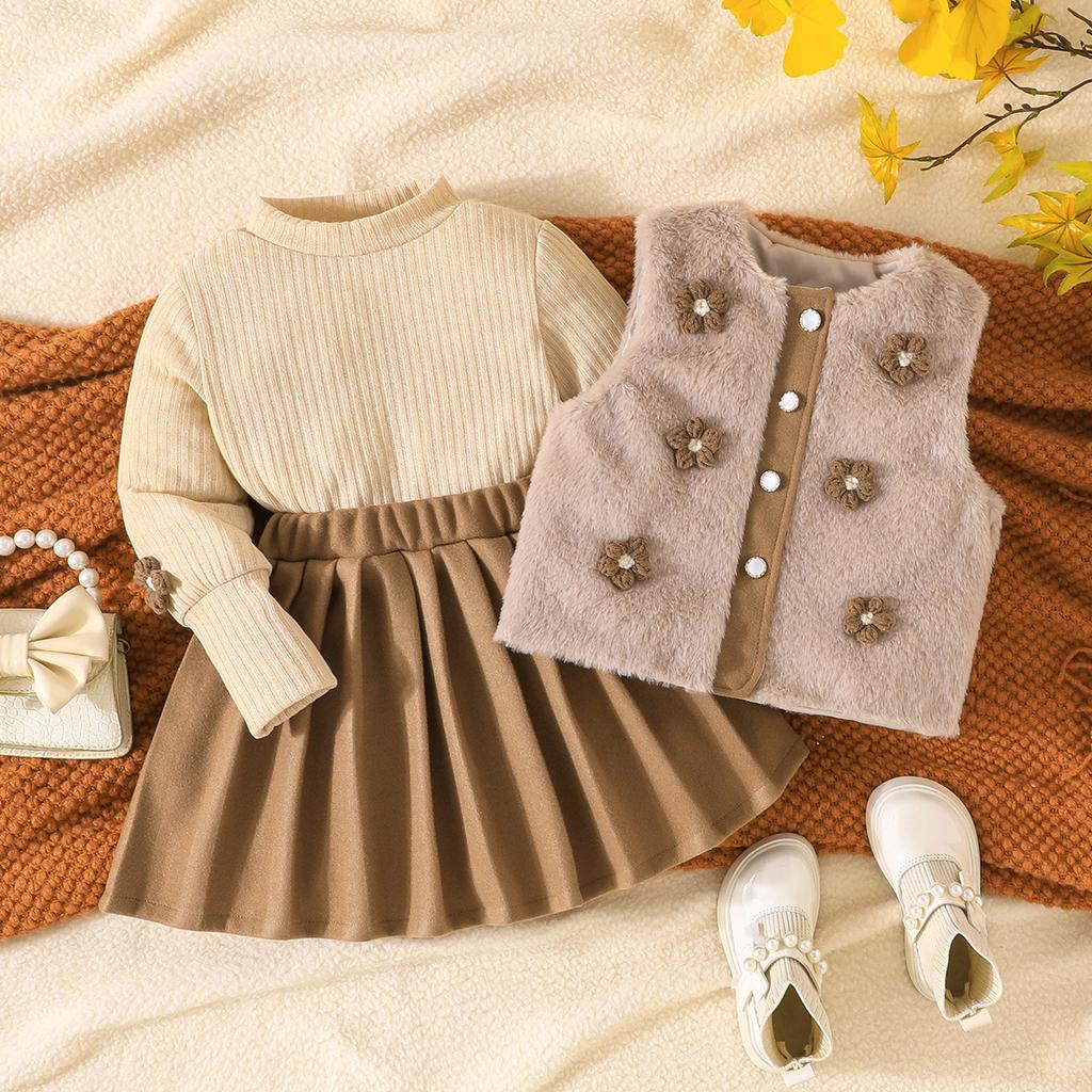 Girls Autumn and Winter Suit stuffed Flower Vest + Knitted Pleated Dress 3-piece Set