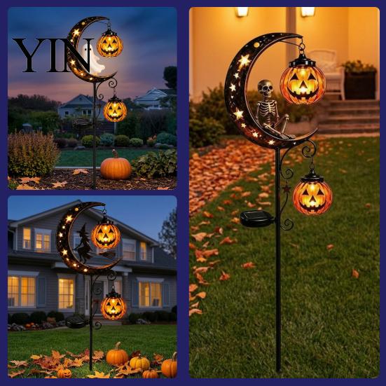 Holiday Seasonal Lawn Decor Solar Halloween White Ghost Pumpkin Moon Garden Stake Light, Waterproof LED Creative Gifts for Home Yard Decoration,