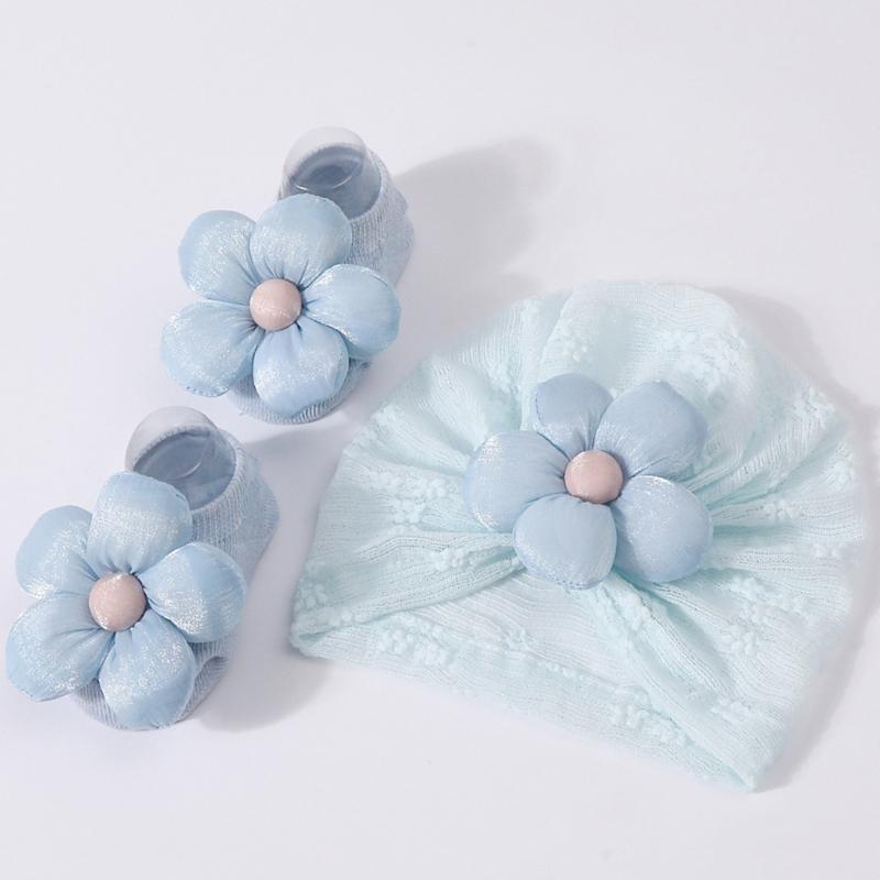 Baby Turban Hat Soft Stretchy Flower Headwear for Infant Stylish Bonnet Caps with Matching Socks Clothing Accessory