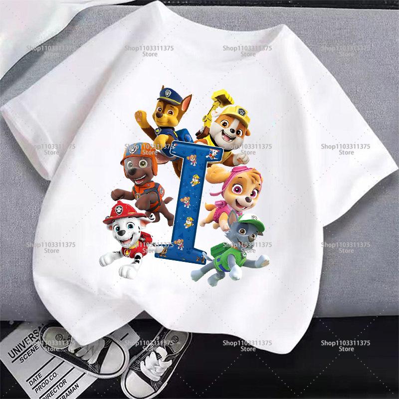 Cute PAW Patrol T-shirt Letter A-Z Boys Girls Clothes Short Sleeve Summer Cartoon Kids Birthday Toddler Cotton Outdoor Wear Gift