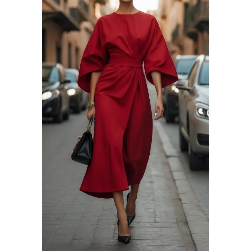 Women's Fashion Elegant and Refined Solid-color Cinched Waist Dress Casual Bat-sleeve Long Dress