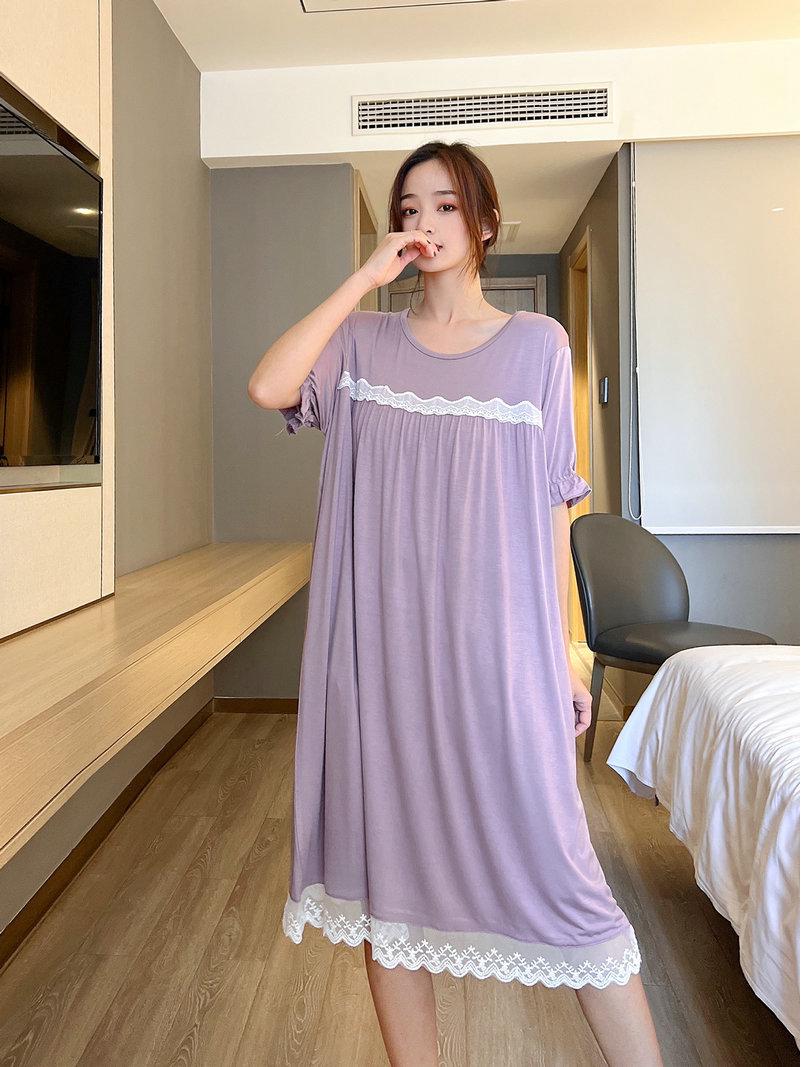 

Літня мереживна сукня з коротким рукавом вільного крою великого розміру - Жіноча вулична та домашня нічна сорочка XXL світло-фіолетового кольору