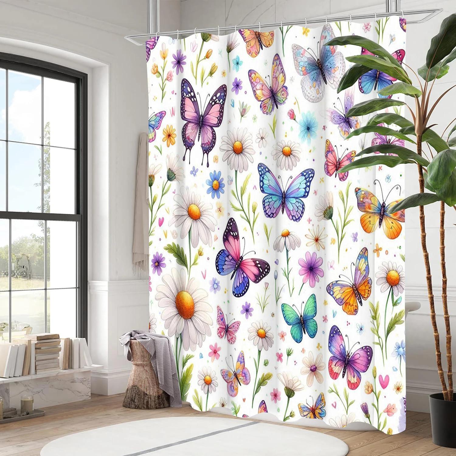 Dunika Chen Butterfly Pattern Bathing Curtain Bathroom Shower Curtain Waterproof With 12 Hooks Home Deco