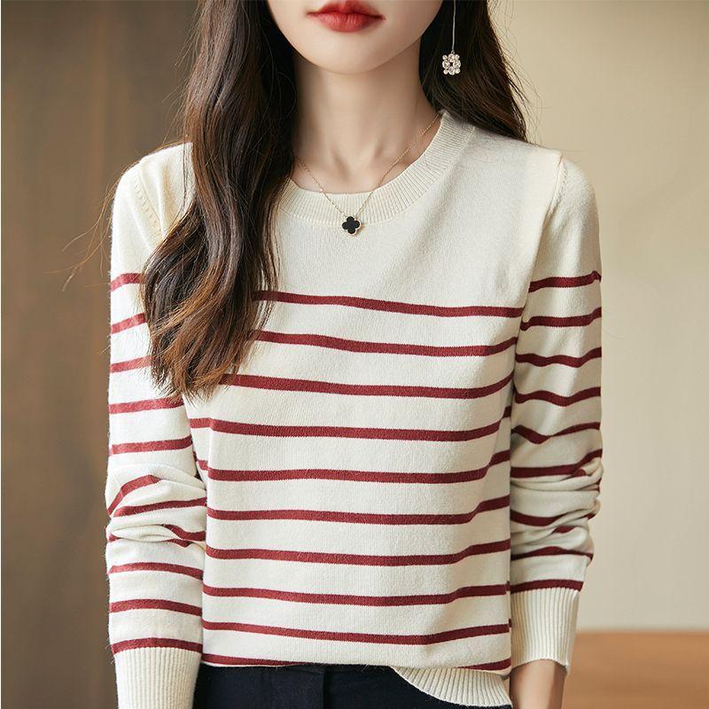 Striped Knitted Base Sweater for Women Loose Fitting Sweater for Slimming Long Sleeved Top
