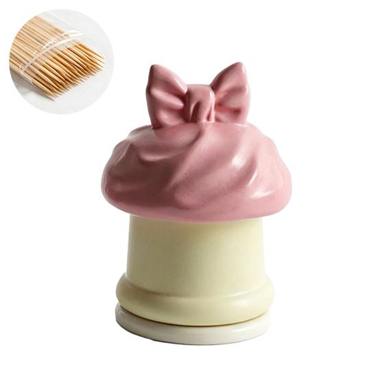 Pink Bow Toothpick with Dispenser Tooth Picks Dust-proof Lid Storage Container Desktop