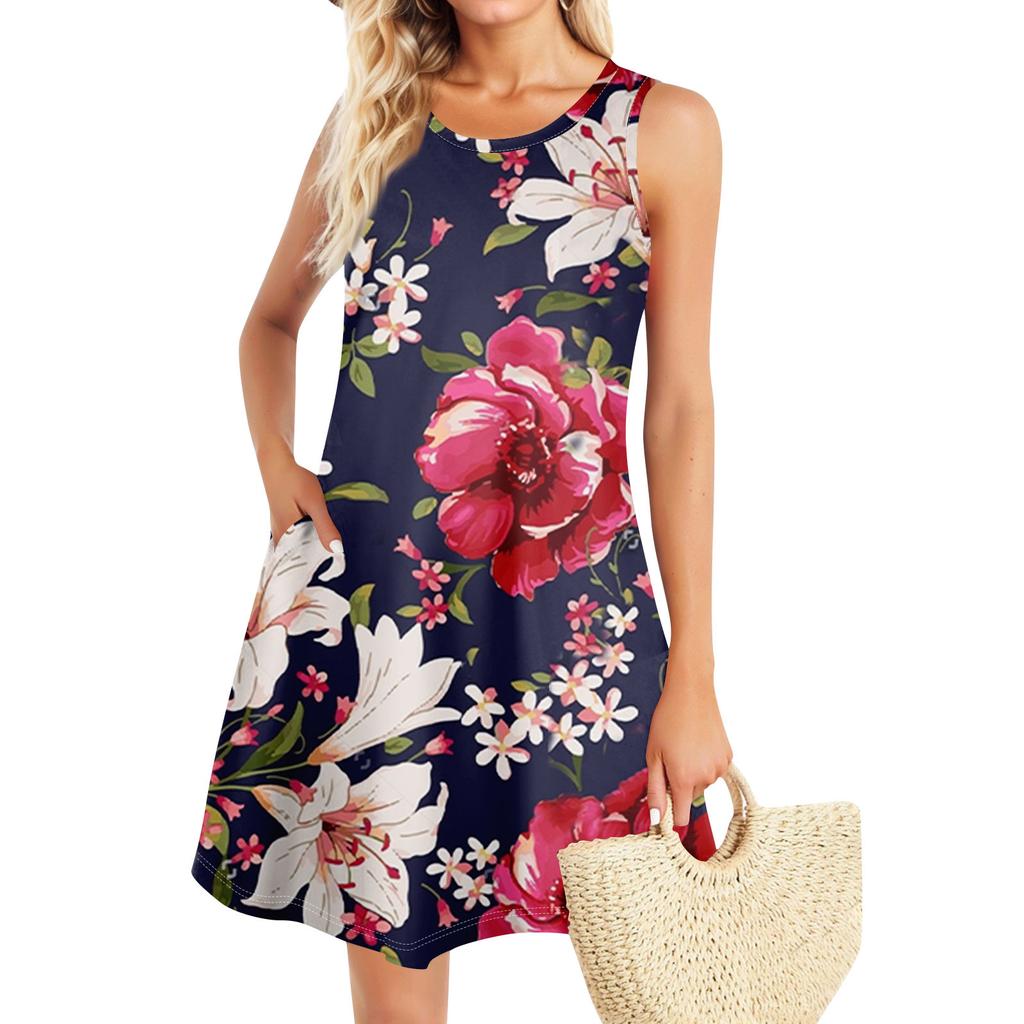 Summer Dresses For Women Beach Boho Sleeveless Printing Flowy Pocket Tshirt Tank Sundresses