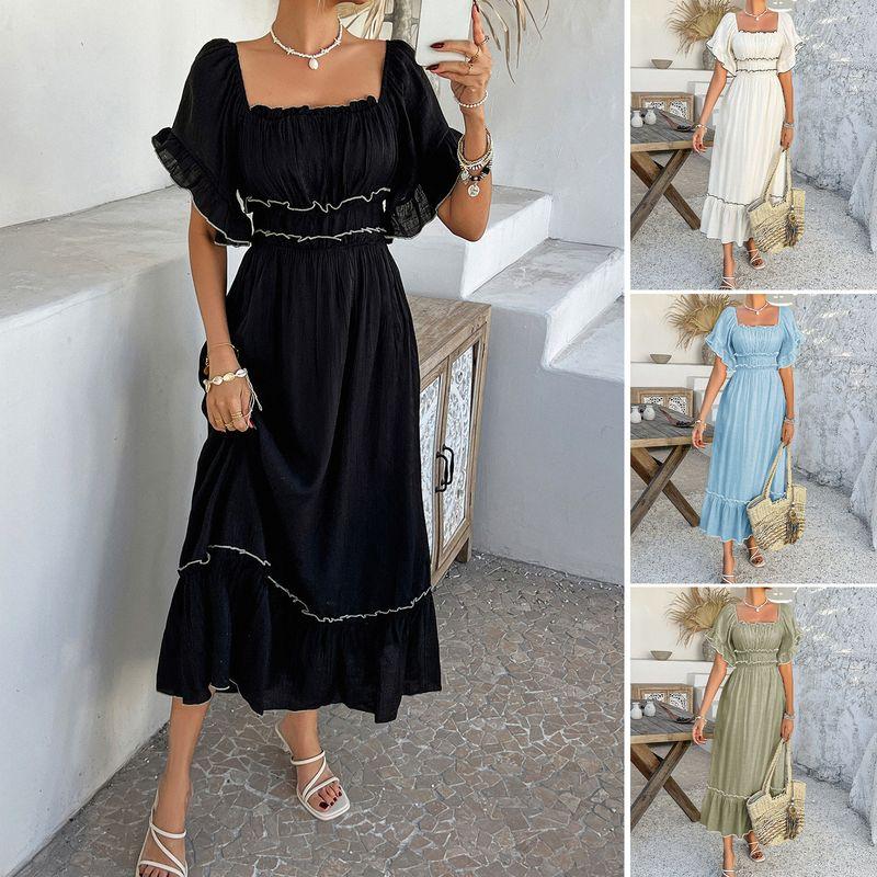 

2025 Vacation Contrasting Short Sleeved Dress Blue S