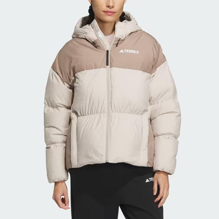 Adidas Goose Down Midweight Puffer Jacket 800 Fill Color Block Logo Long Sleeve Hooded Down Jacket Women Jacket Beige IM9847
