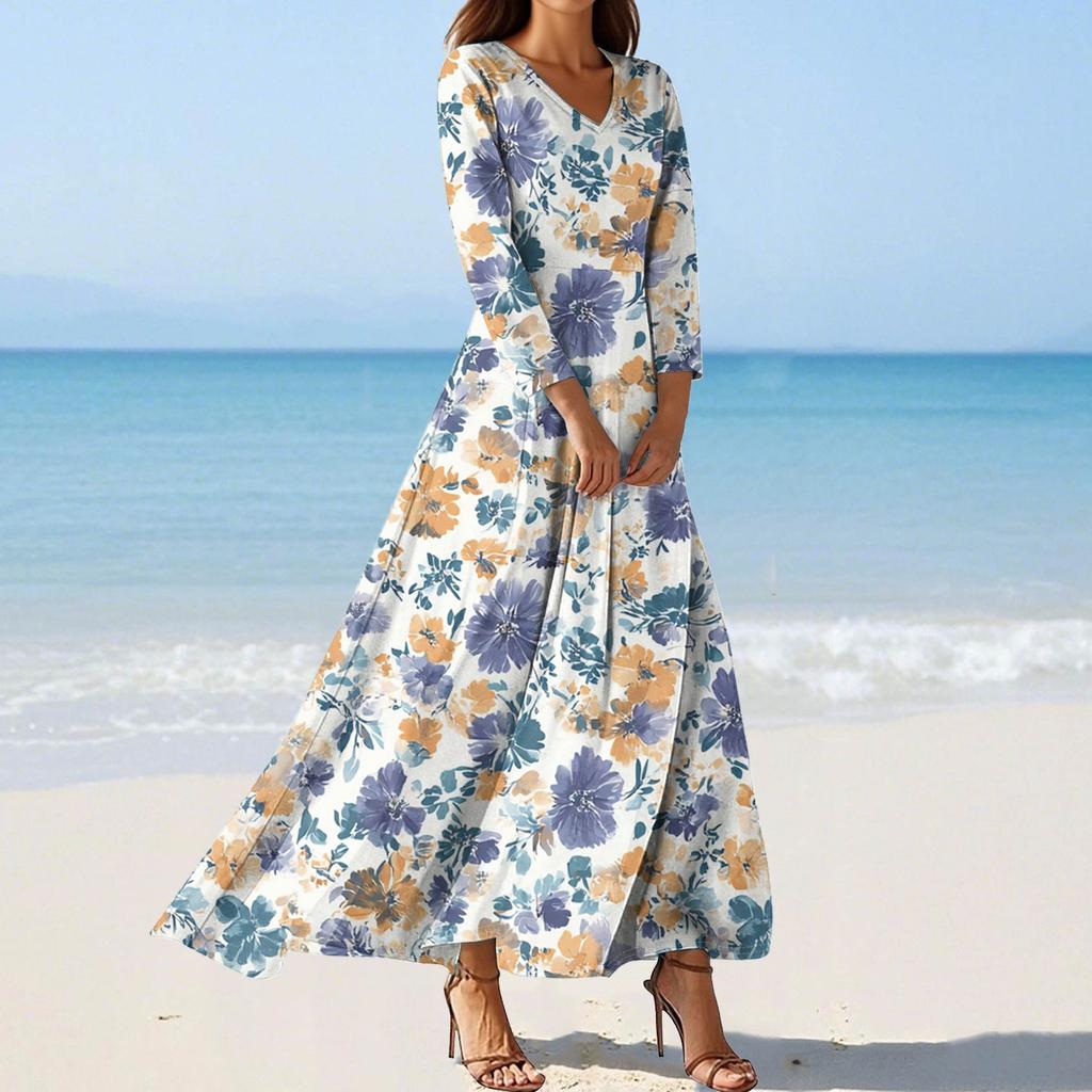 Women's Fashion V-Neck Floating Beach Dresses Seven Sleeve Floral Printed Dresses