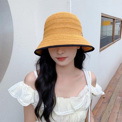 New Hat Women's Gold Label Rabbit Bucket Hat Summer Straw Solid Color Sunscreen Sunshade Basin Hat