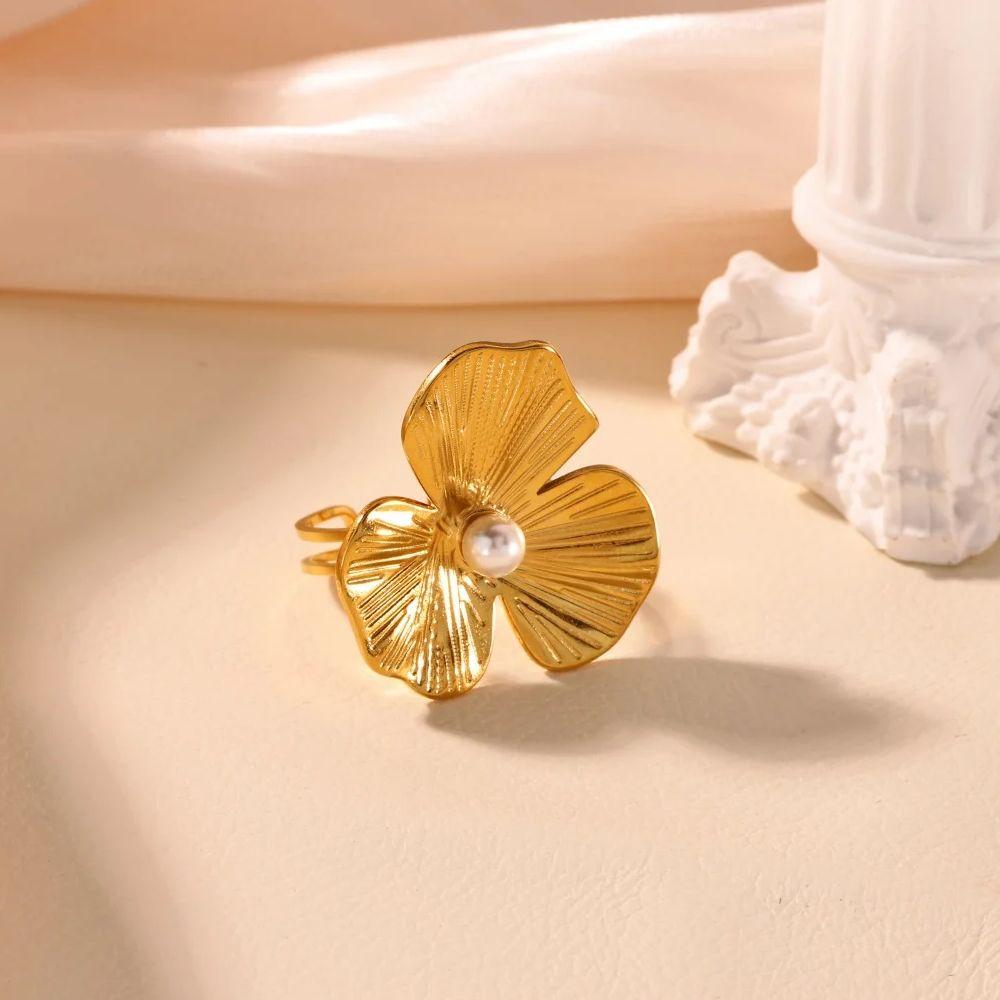 Stainless Steel Flower Ring for Women 18K Gold-plated Anti Fading Open Rings Wedding Imitation Pearl Jewelry Prom Accessories