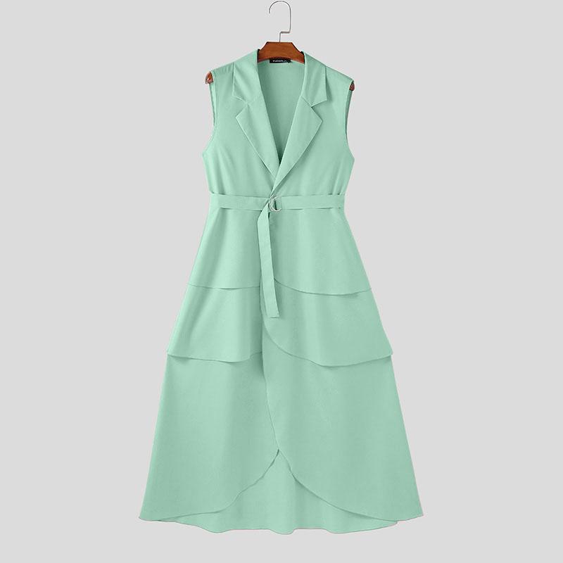 

INCERUN Мужские топы-туники без рукавов с V-образным вырезом и лацканами, с поясом на талии и асимметричными слоями S