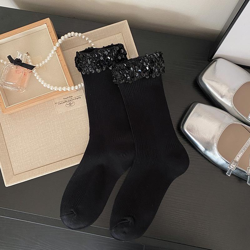 Ladies Spring and Summer Thin Style Personality Fashion Solid Color Heavy Industry Sequins Design Sense In The Tube Pile Socks