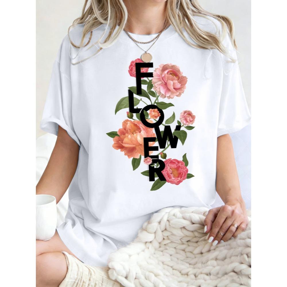 Schöne Rosenblumen Aufdruck Damen T-Shirt Lässig Oversized T-Shirt Y2K Baumwolle Atmungsaktive Oberteile Sommer Rundhals