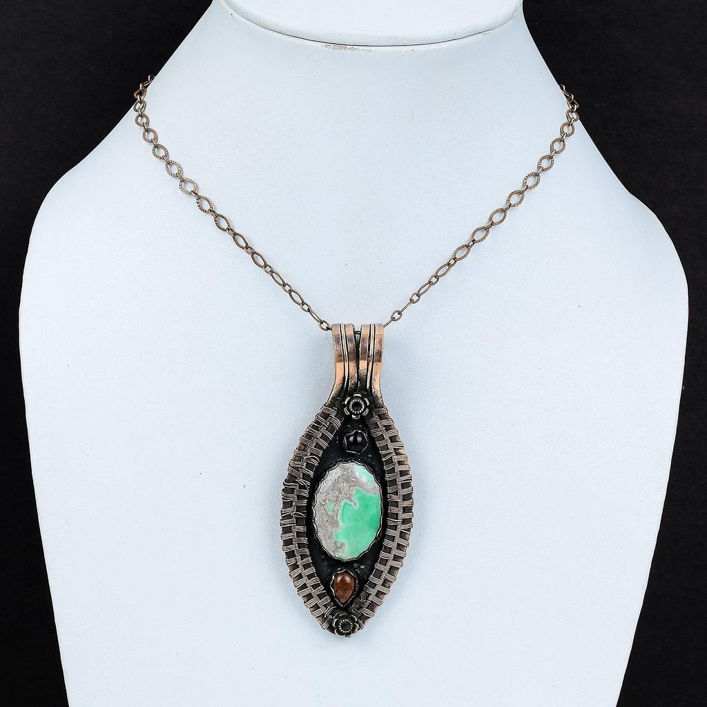 Variscite Pendant Copper Wire Wrapped Pendant Mahogany Obsidian & Blue Sunstone Pendant Very Pretty Copper Jewelry Handmade Gemstone Pendant