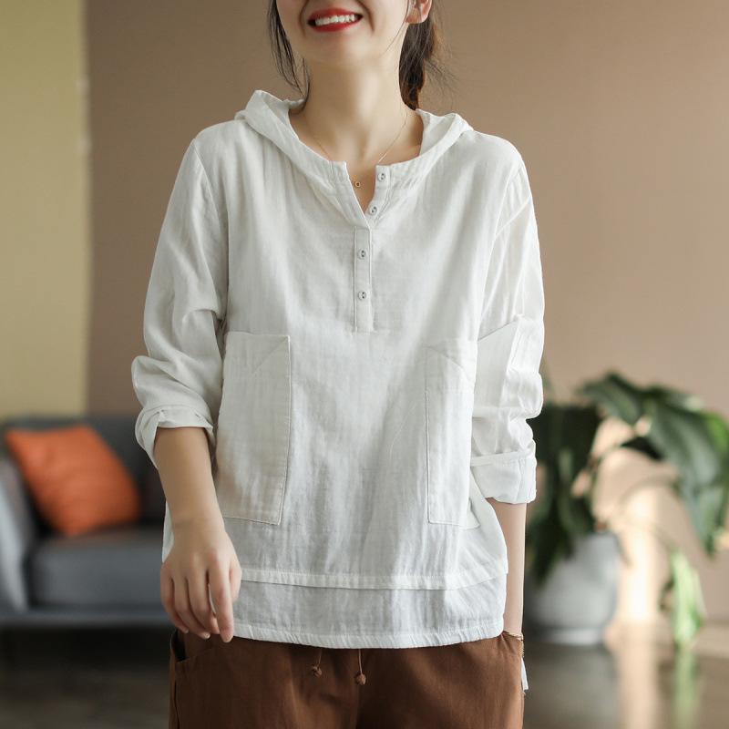 Women's Hooded Shirt Vintage Spring Loose Thin Pullover Long Sleeve Simple Plus Size Solid Blouses Ladies