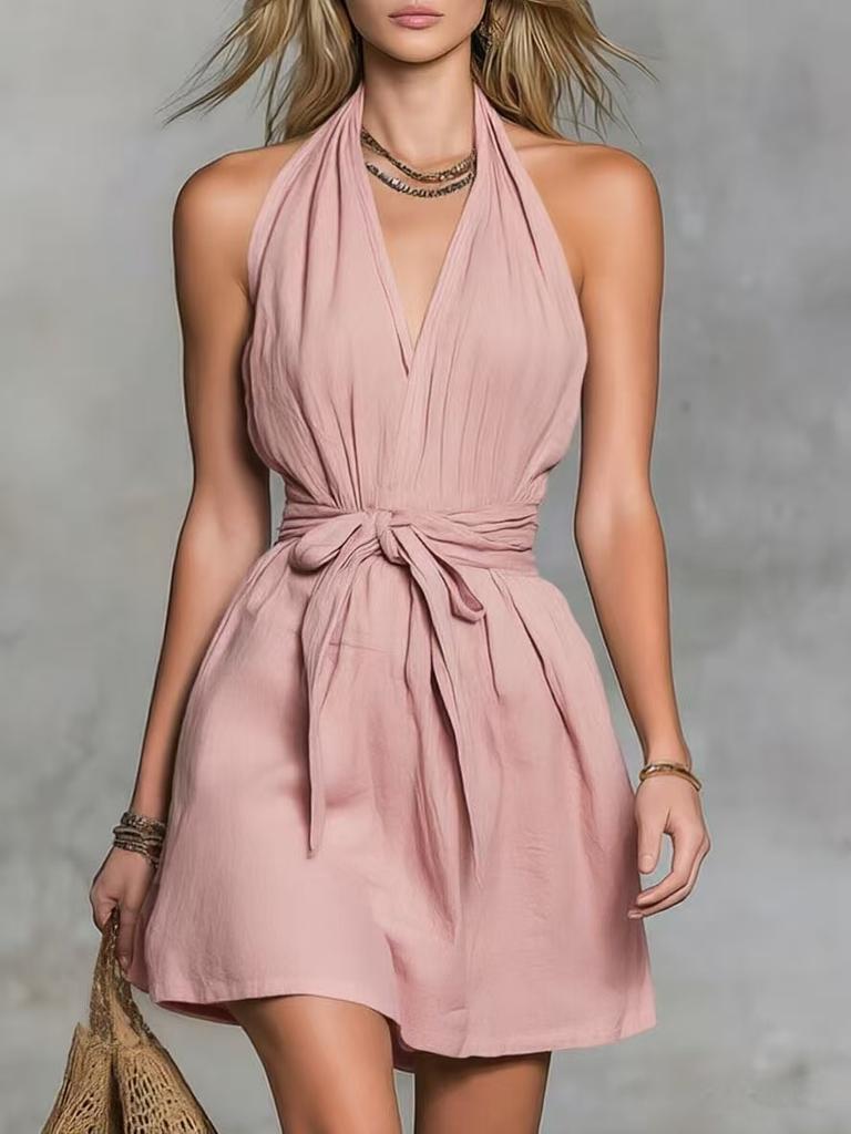 Women's Sleeveless V-Neck Belted Waist Solid Color Dress