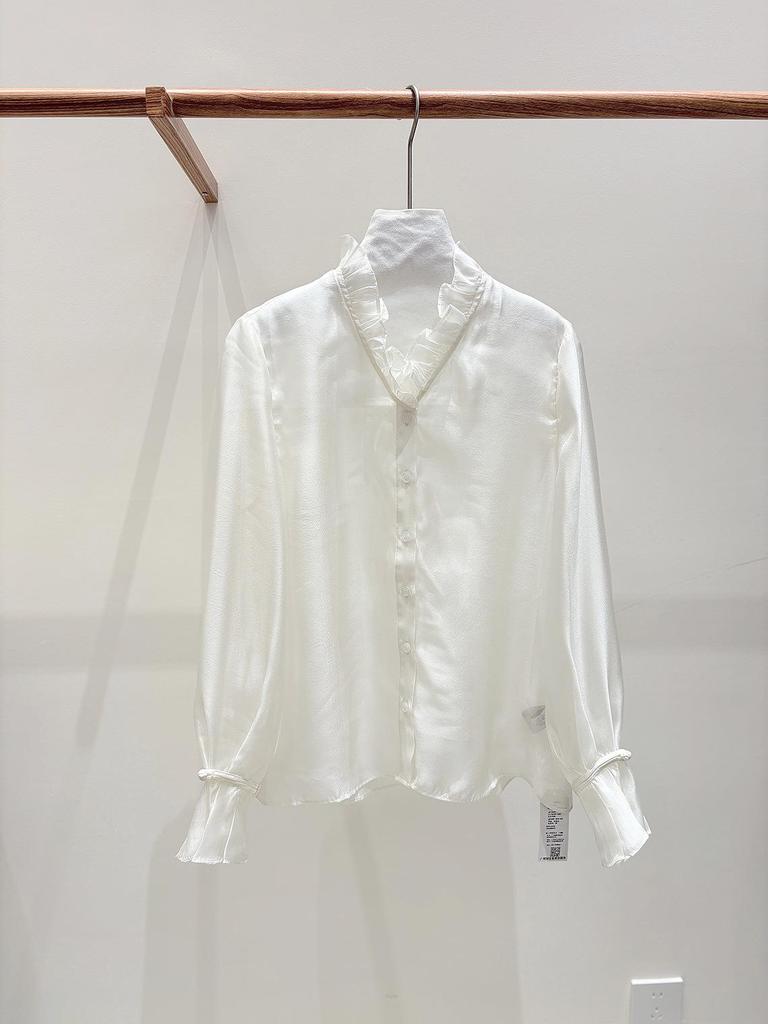 Zhi Hetang Retro Silk V-Neck Ruffled Long-Sleeve Blouse