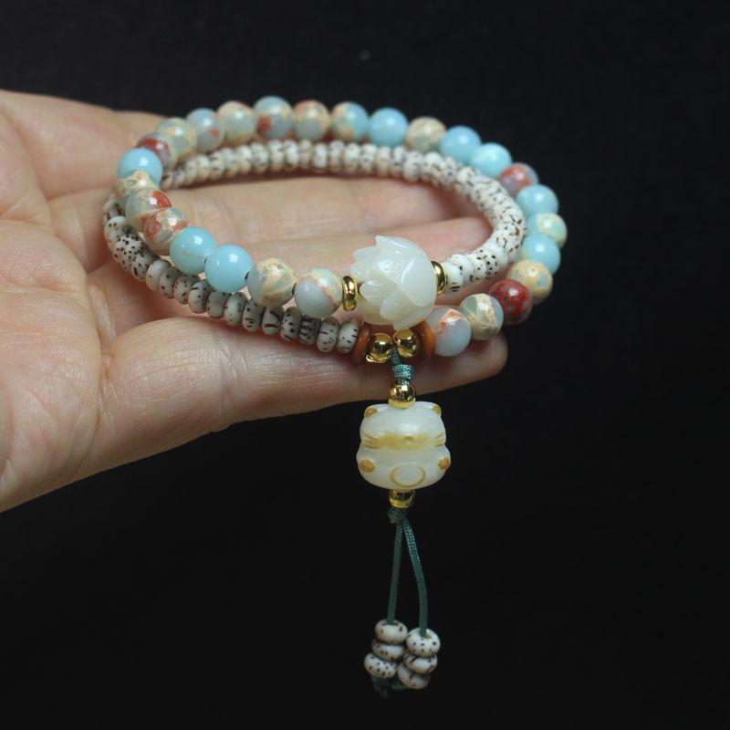 Moon Bodhi Flat Beads & Shoushan Stone Bracelet, Light Luxury Niche Chinese Style Buddhist Prayer Beads for Women