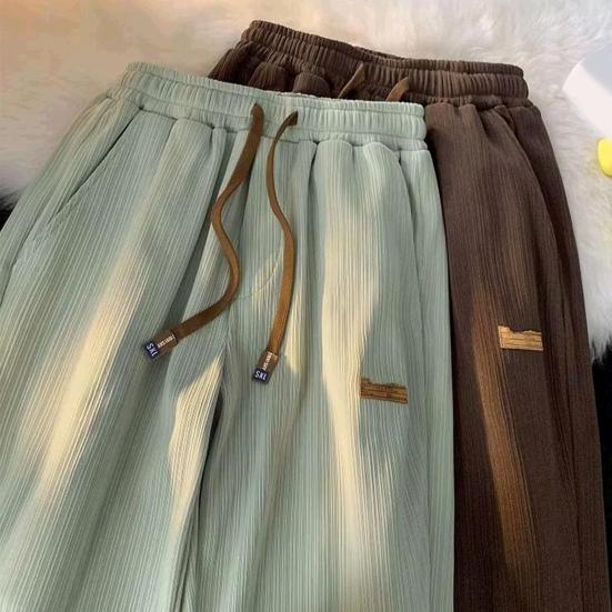 Mid-rise Elastic Waistband Men Pants Drawstring Pockets Ribbed Fast Drying Summer Ultra-thin Ice Silk Casual Trousers Streetwear
