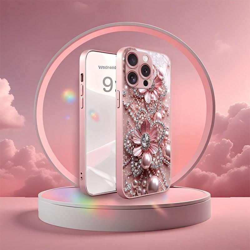 Pink Pearl Diamond Floral Pattern Pink Metallic Glass Phone Case For iPhone 17 Pro Max 11 12 13 14 15 16 Plus 17Air 16E Cover