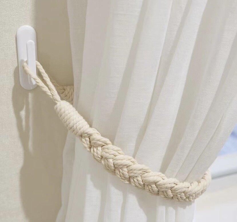 Boho Macrame Cotton Curtain Tieback, No Drill Linen Curtain Strap, INS Beige Curtain Holder for Bedroom/Living Room