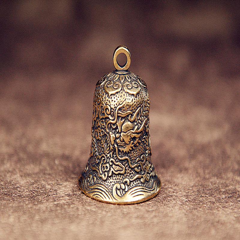 Vintage Brass Bell Carved Dragon Totem Exquisite Crafts Collectibles Hanging Ornament Chinese Feng Shui Desktop Decoration