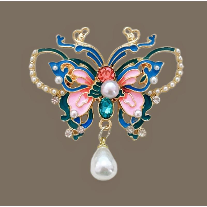 Retro enamel-colored pearl butterfly brooch - High-end, niche-style corsage fastener with anti-glare function, elegant pin.