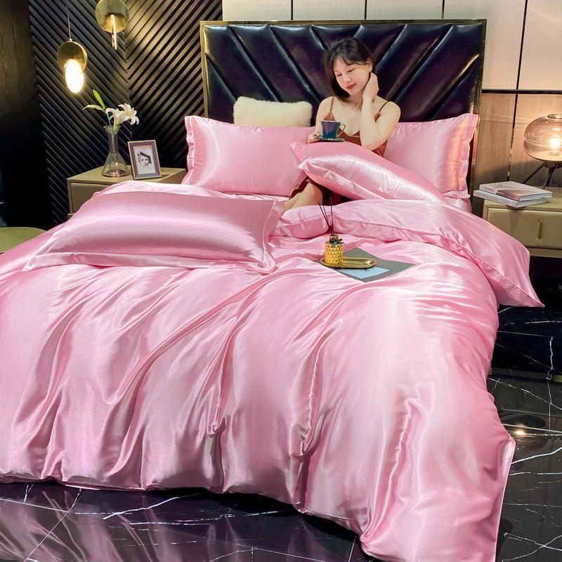 Solid Rayon Silk Bedding Set with Duvet Cover Bed Sheet Pillowcases Luxury King Single Double Couple Satin Pillow Case Bedsheet