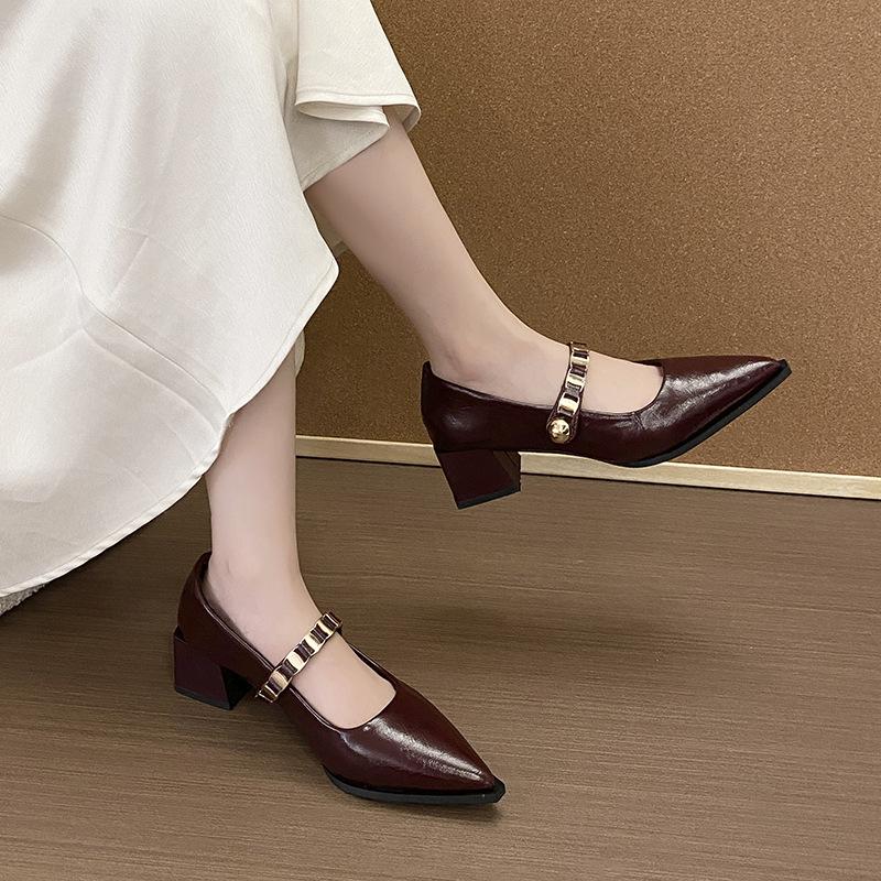 Francouzské baleríny s hranatou špičkou, malé kožené boty, 2025 nové s mašlí, s lehkým výkrojem, retro silný podpatek, boty Mary Jane pro ženy