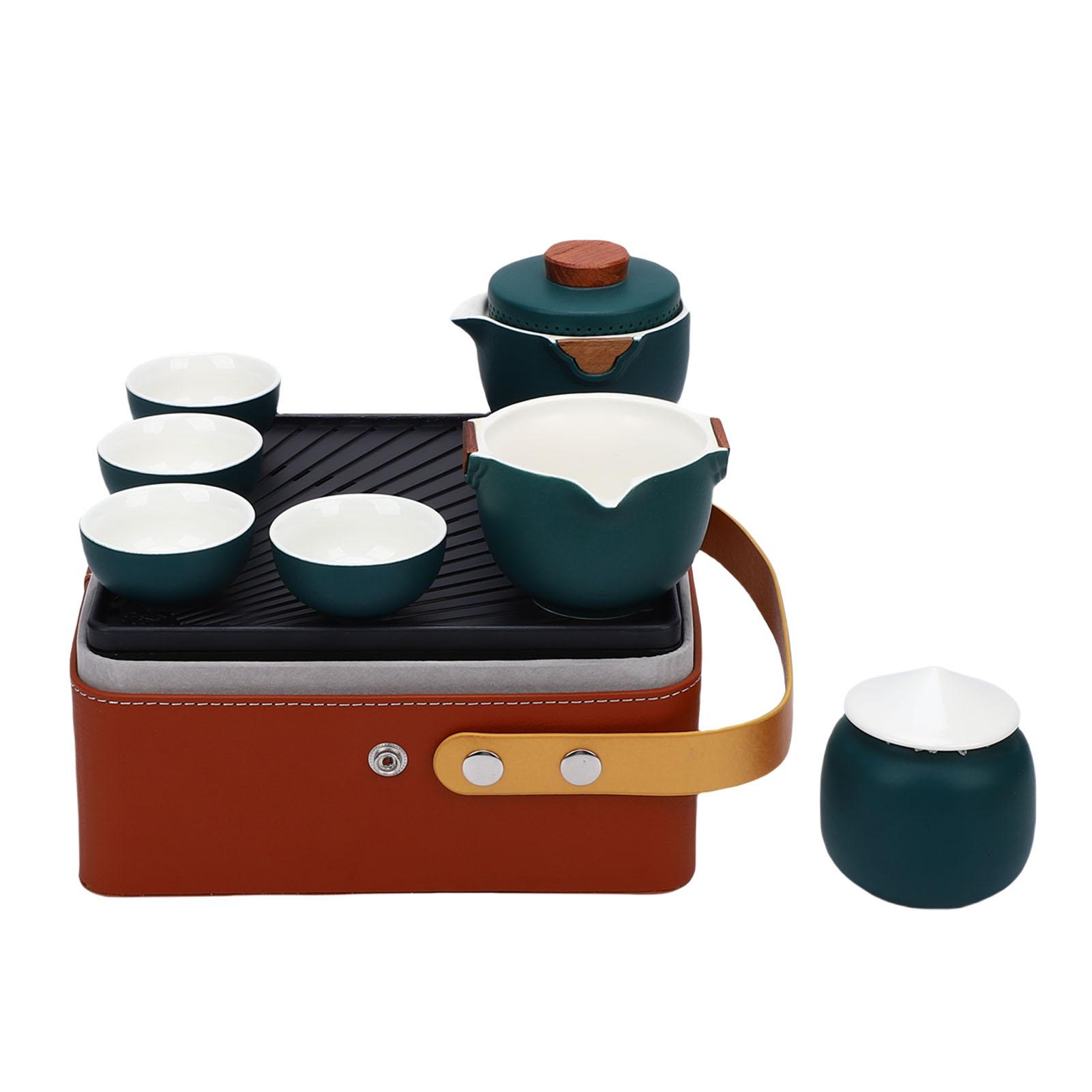 Gongfu Tea Set Dark Green Portable Ceramic Teapot with Cups Tea Canister Brown Storage Case for Travel Outdoor