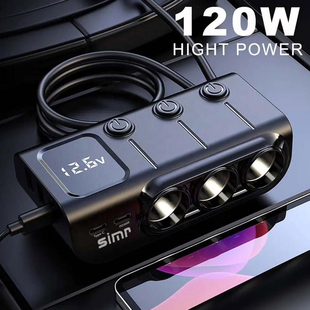 3 In 1 Car Charger Adapter PD 3 Socket Cigarette Lighter Splitter Charge Independent Switches DC Cigarette Outlet