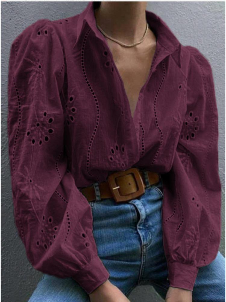 Women's Lace Trim Long Sleeve Button Down Shirt