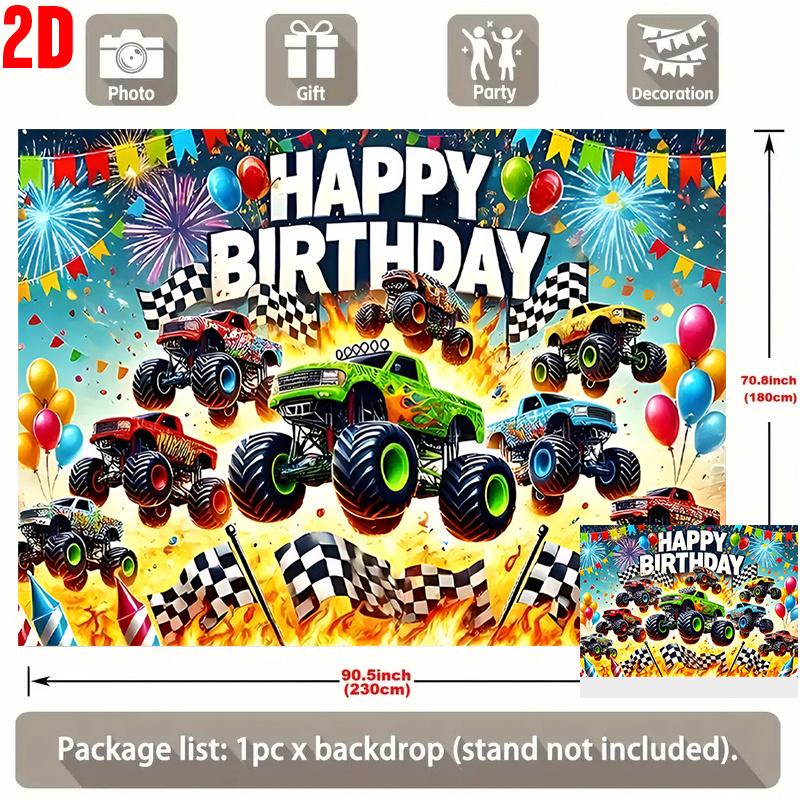 2D Plane, Featuring a Birthday Greeting Banner with a Giant Truck, Balloons, Fireworks and Grid Flags - Wheel-shaped Design