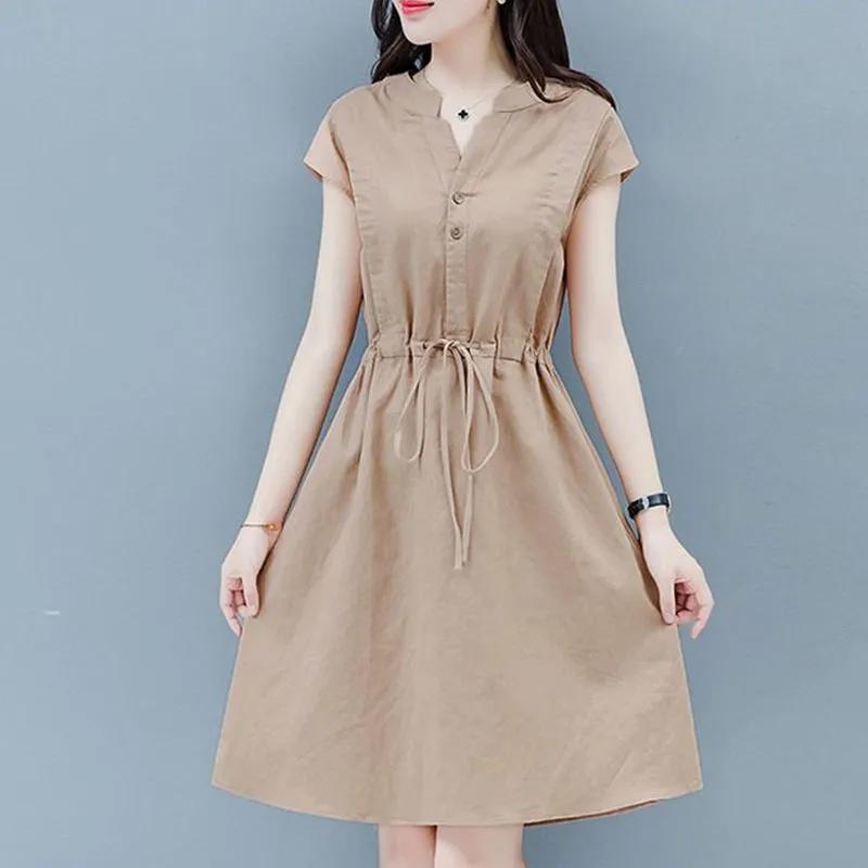 Women's Summer V Neck Cap Sleeve Drawstring Waist Cotton A Line Midi