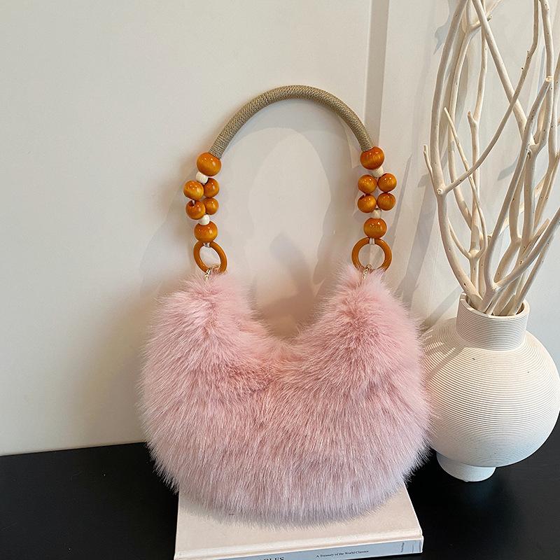 European and American retro plush handbag beaded niche shoulder bag 2025 autumn new fashion foreign plush bag