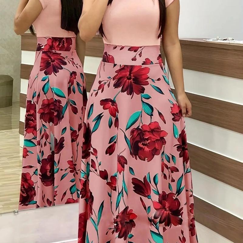 2024 European and American style flower print color matching short sleeved dress for women's large swing skirt