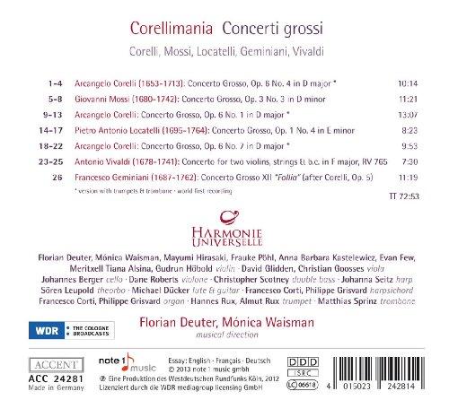 Corellimania: Concerti Grossi ~ Corelli, Mossi, Locatelli, Geminiani, Vivaldi / Florian Deuter, Monica Waisman, Harmonie Univ